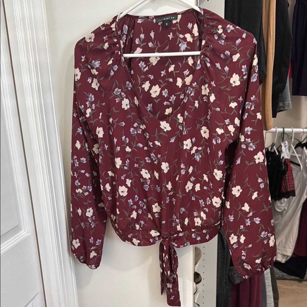 West Kei Tie Front Floral Burgundy Blouse